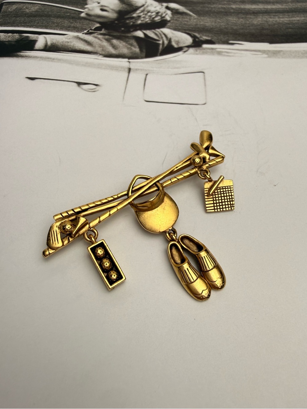 Vintage Golf Charm Brooch Gold Tone Dangling Clubs Shoes Retro Pin Danecraft